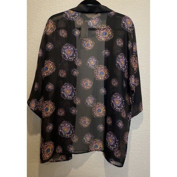 Mudd OS Sheer Black Colorful Circles Kimono Cardigan Satin Trim Beach Preppy NEW - Picture 2 of 6